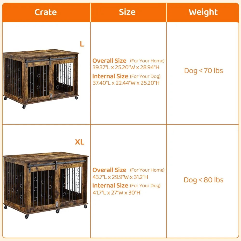 Go Large Dog Crate Furniture with Sliding Barn Door, Wooden Dog Kennel End Table with Wheels and Flip-top Plate Dog