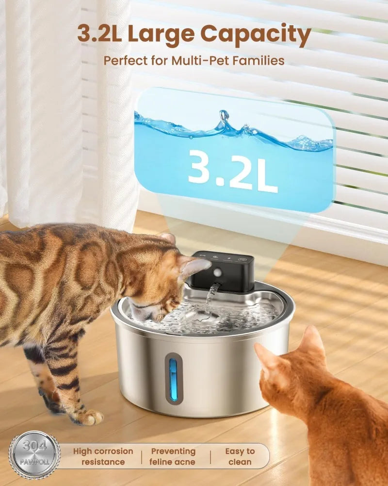 VOFORD 3.2L Recharge Wireless Cat Water Fountain Automatic Sensor Stainless Steel Dog Water Fountain Multiple Pet Drinking Bowls