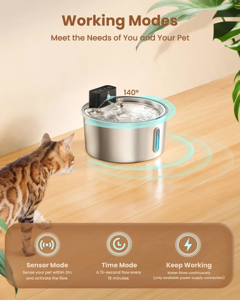 VOFORD 3.2L Recharge Wireless Cat Water Fountain Automatic Sensor Stainless Steel Dog Water Fountain Multiple Pet Drinking Bowls