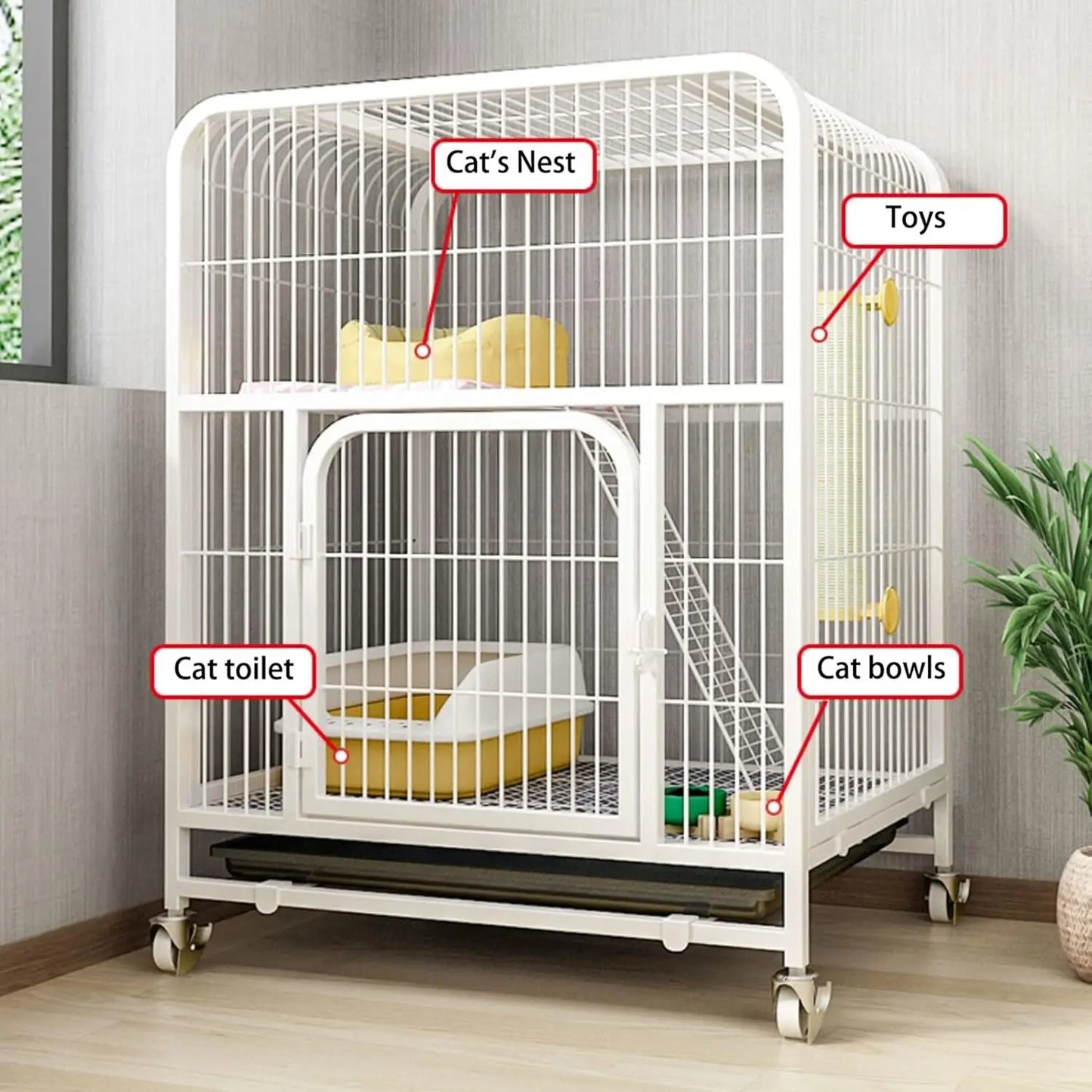 Large 2-Tier Cat Cage with Wheels - Multi-Level Cats Kennel for Chinchillas & Ferrets - Indoor/Outdoor Cat, Customized