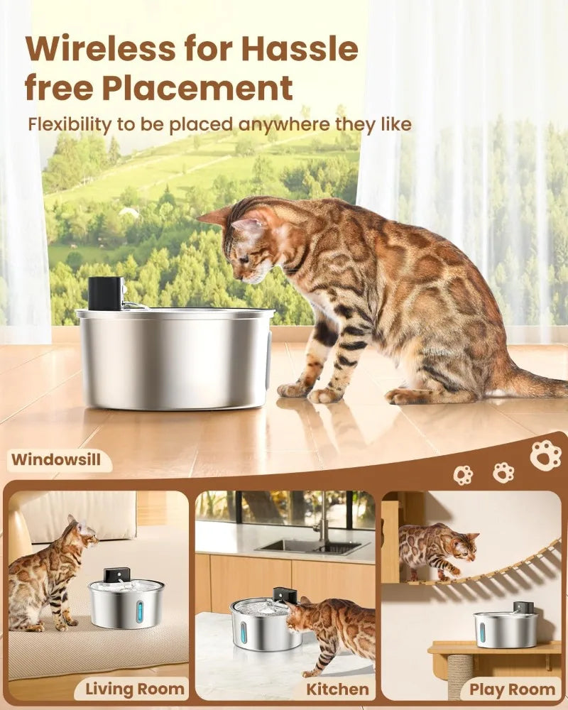 VOFORD 3.2L Recharge Wireless Cat Water Fountain Automatic Sensor Stainless Steel Dog Water Fountain Multiple Pet Drinking Bowls