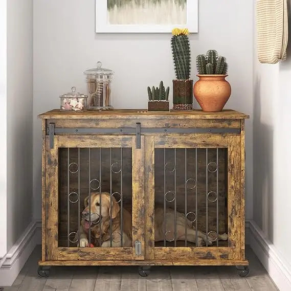 Go Large Dog Crate Furniture with Sliding Barn Door, Wooden Dog Kennel End Table with Wheels and Flip-top Plate Dog