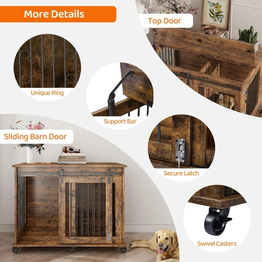 Go Large Dog Crate Furniture with Sliding Barn Door, Wooden Dog Kennel End Table with Wheels and Flip-top Plate Dog