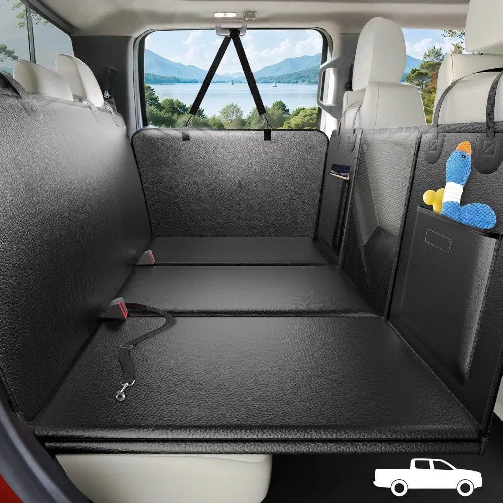 Back Seat Extender for Dogs Truck-Upgraded PU Leather-Dog Pet Seat Cover Back Seat Hard Bottom 500lbs