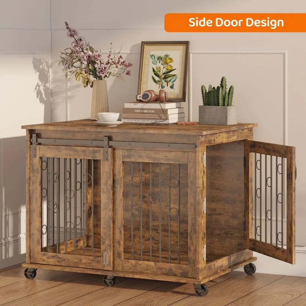 Go Large Dog Crate Furniture with Sliding Barn Door, Wooden Dog Kennel End Table with Wheels and Flip-top Plate Dog