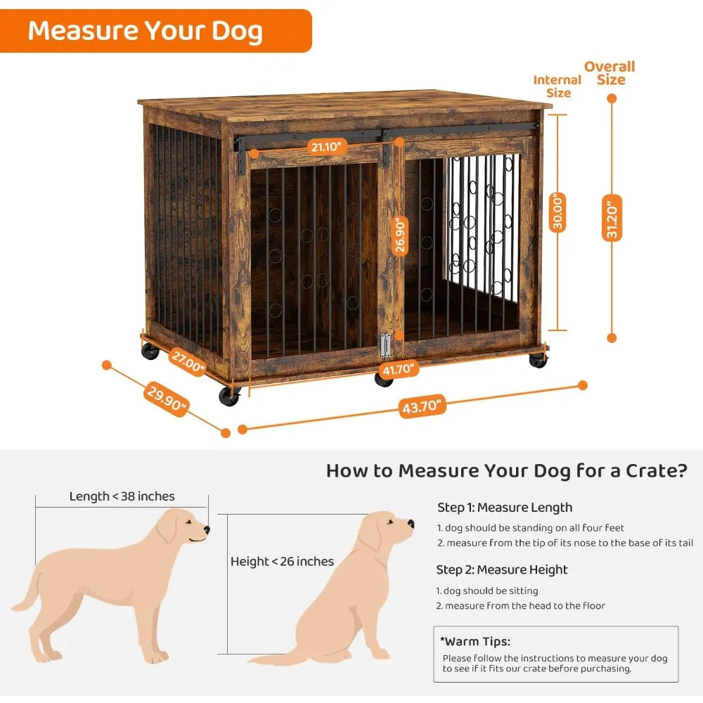 Go Large Dog Crate Furniture with Sliding Barn Door, Wooden Dog Kennel End Table with Wheels and Flip-top Plate Dog