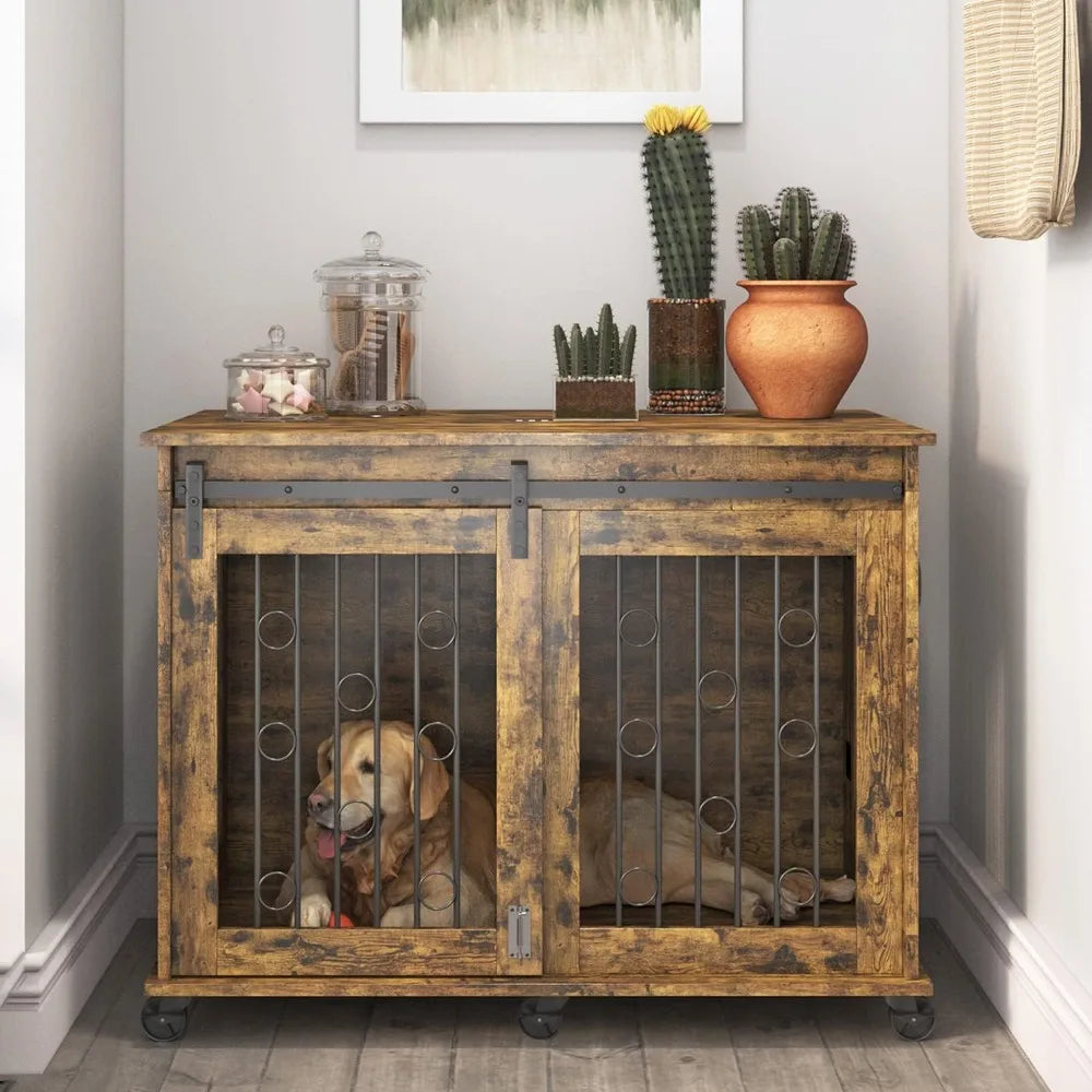 Go Large Dog Crate Furniture with Sliding Barn Door, Wooden Dog Kennel End Table with Wheels and Flip-top Plate Dog
