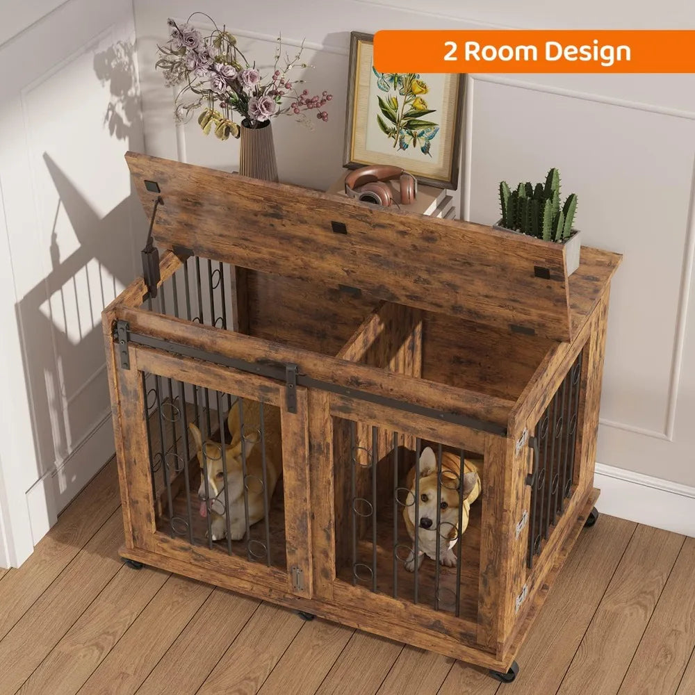 Go Large Dog Crate Furniture with Sliding Barn Door, Wooden Dog Kennel End Table with Wheels and Flip-top Plate Dog